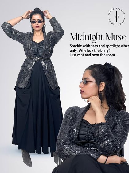 My 'Midnight Muse' look. I added a sequined blazer over a simple black dress to instantly add sparkle and spotlight vibes. It's an easy way to dress up a basic piece for a night out.