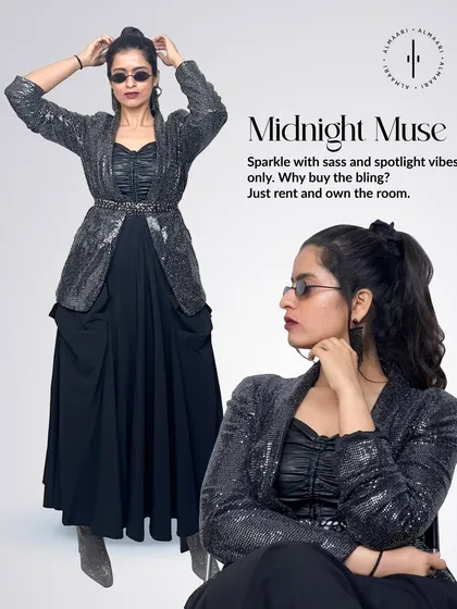 I call this my 'Midnight Muse' look. I've layered a black sequin blazer over the same black bustier and skirt, adding sunglasses for a touch of mystery. It's a perfect example of layering to create a new outfit.