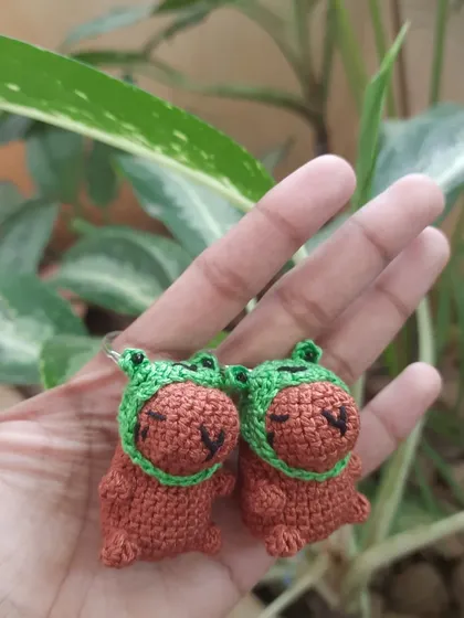 A matching set of capybara keychains, complete with little froggy hats. These are perfect for sharing with a friend who loves these chill animals as much as I do.