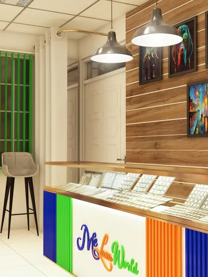 A view of the cash and wrap counter. The design is practical, with display space for small items on top. The colorful striped front panel and wood-paneled wall with art create a vibrant and engaging checkout zone.