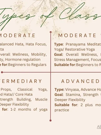 Here is another look at our class offerings, detailing the types, goals, and suitability for different levels. Whether you are a beginner or a regular practitioner, there is a class for you.