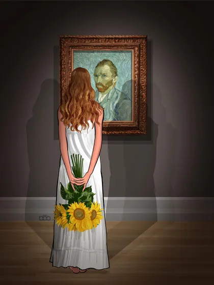 A young woman in a white dress holds a bouquet of sunflowers behind her back as she gazes at a self-portrait of Vincent. It's a quiet, tender moment of connection across time, a viewer offering a silent gift to the artist she has come to know through his work.