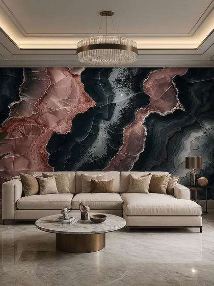 A unique marble-effect wallpaper with a mix of dark grey and rose-pink tones. The design is bold and modern, perfect for a statement wall.