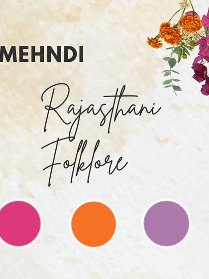 The mood board for our 'Rajasthani Folklore' Mehendi. We wanted to create a theme that was colorful, traditional yet modern, and full of playful, folksy details.