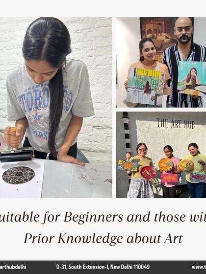 My classes are suitable for beginners and those with prior knowledge of art. This collage shows students of all levels enjoying printmaking, painting, and crafting.