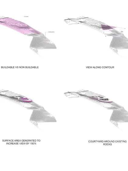 Our design process for Amar Villa, showing how we optimized the building's footprint to increase viewable area by 190%.
