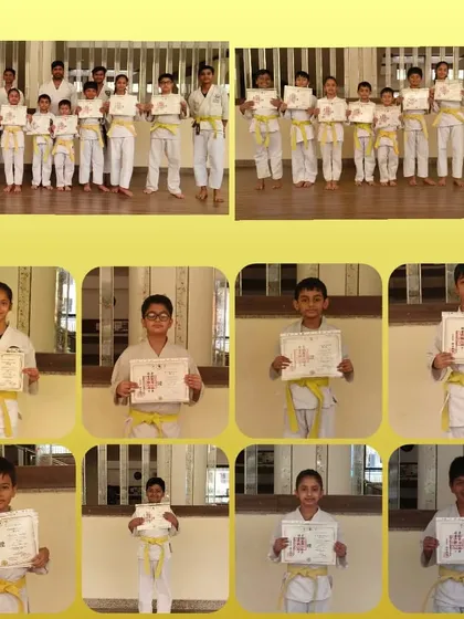 Celebrating our yellow belt achievers in this collage. The yellow belt signifies the student's growing understanding of the basic principles of Shotokan Karate.