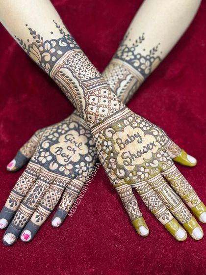 A simple yet beautiful baby shower design. The palms feature "Baby Shower" and "Girl or Boy" in a cute cloud-like frame, surrounded by floral patterns.