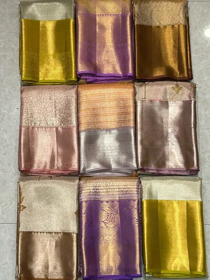 A collage of our pure Kanchi silk sarees, showing the variety of colors and weaves available.