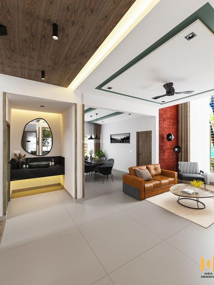 This angle shows the common wash basin area, cleverly integrated into the living space with a wooden ceiling and modern black fixtures.
