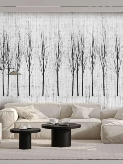 A minimalist black and white wallpaper featuring a line of bare trees. This simple yet elegant design is perfect for creating a calm and modern atmosphere.