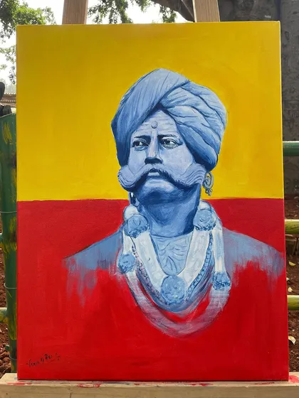 As part of a live art event, I had the privilege of painting Nada Prabhu Kempegowda, the founder of Bengaluru. Set against the colors of the Kannada flag, this acrylic portrait is my tribute to the visionary behind our vibrant city.