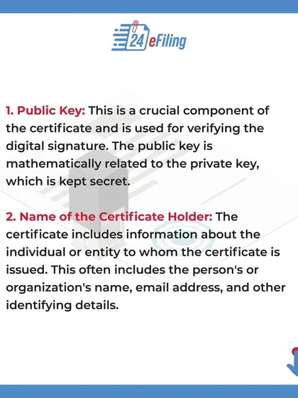 Two key components of a DSC are the public key, used to verify your signature, and the certificate holder's name and details. This information links the digital signature directly to you or your organization.