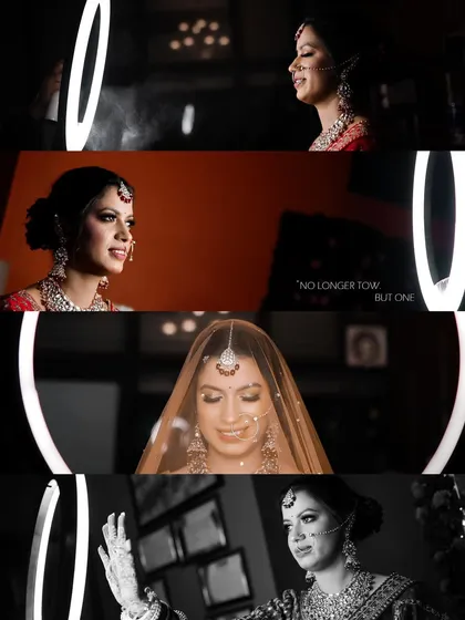 A cinematic, widescreen album layout featuring a series of bridal portraits. Using a ring light for effect, this design combines color and black and white images to create a modern and stylish spread.