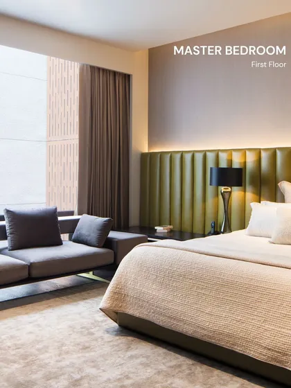 A bedroom should be a personal retreat, a space for rest and rejuvenation. In this master suite, we used a soft, olive green headboard and layered, ambient lighting to create a serene and calming atmosphere. The design prioritizes comfort and tranquility, providing a true escape from the outside world.