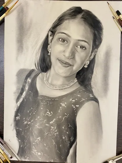 A beautiful dry brush portrait of a woman adorned with traditional jewelry.
