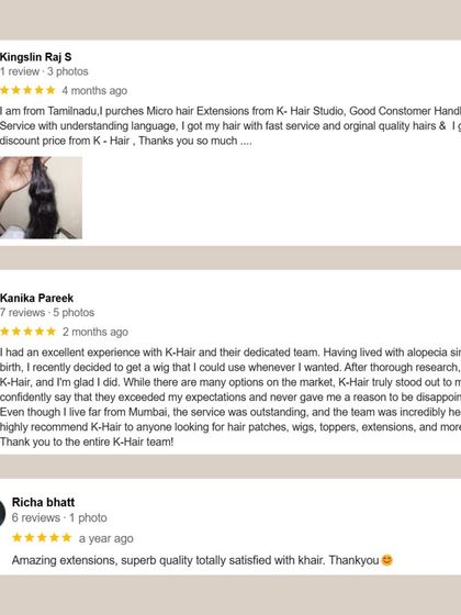 From Tamil Nadu to Mumbai, I am grateful to serve clients from all over. These reviews highlight the trust people place in my work, whether it's for extensions, wigs for alopecia, or hair patches.