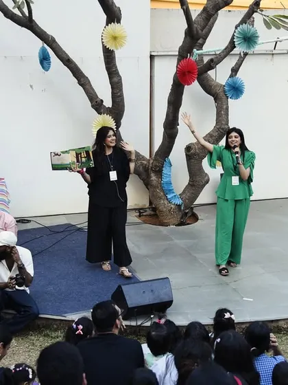 Here we are on stage at the Festival of Play in Hyderabad, using the Jungle Jugalbandi book to guide the children through a musical narrative, accompanied by a live tabla player.