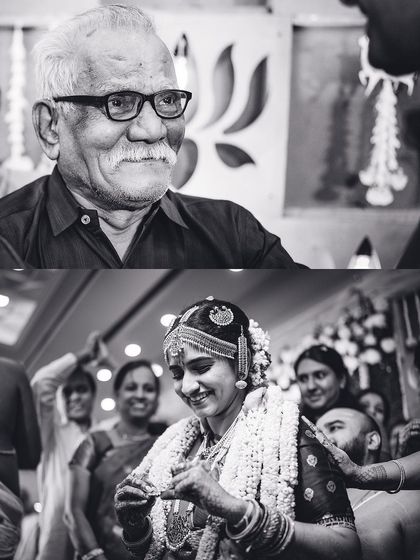 An emotional black and white collage showing a grandfather's proud expression as he watches his granddaughter's wedding.