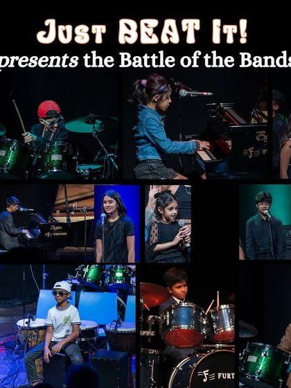 The Battle of the Bands from our 'Just BEAT It!' musical. This poster showcases the different student bands that competed, each with their own unique style and energy.