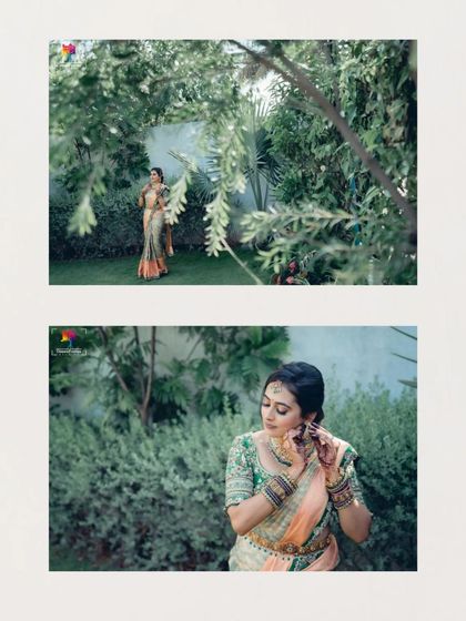 A diptych of the bride in a garden setting. The shots, framed by foliage, create a sense of looking in on a private, beautiful moment.