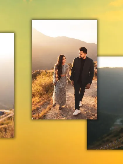 A collage capturing the couple walking hand-in-hand along a mountain path at sunset. The different angles show both the epic landscape and their intimate connection.
