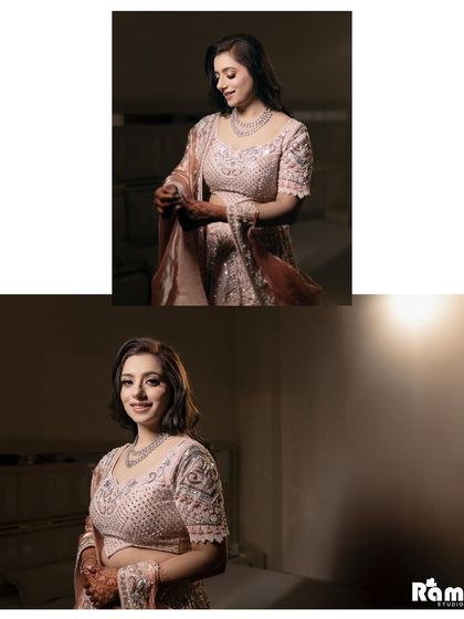 A diptych of the bride from her engagement, showcasing her beautiful smile and the intricate details of her pastel lehenga.