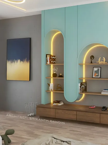 A view of the TV and storage unit in the kids' room, with playful arched shelves illuminated by warm LED lighting.