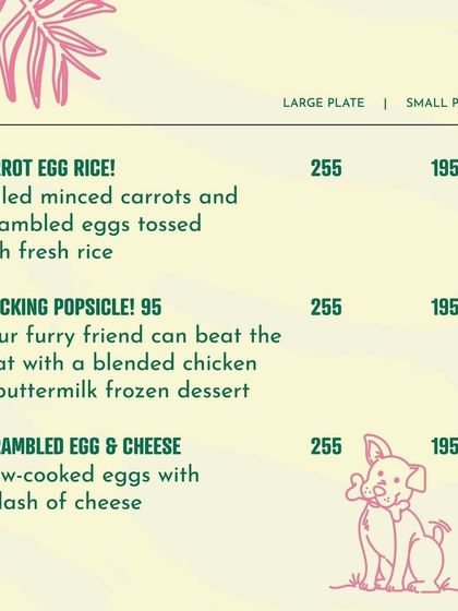A closer look at our pet menu, featuring treats like Carrot Egg Rice and the famous Clucking Popsicle, a frozen dessert for your furry friend.