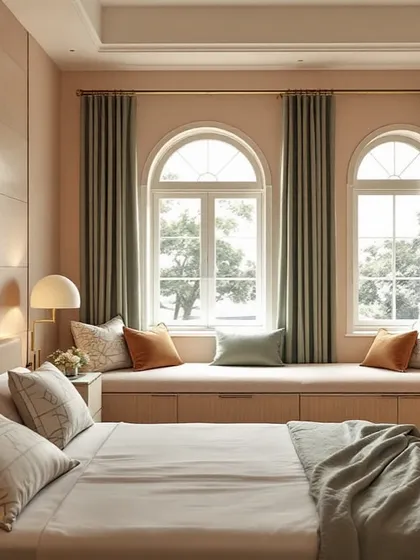 A Japandi-inspired duo of Peach Fuzz and Sage Green. The arched windows and cozy window seat bring tranquility and nature indoors.