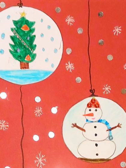 Pretty Christmas ornaments made with mixed media. These designs feature a decorated tree and a cheerful snowman, perfect for a holiday card.