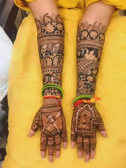 A full-arm design with bands of animal motifs, including elephants and swans. The palms depict a traditional ceremony, making it a perfect choice for a bride.