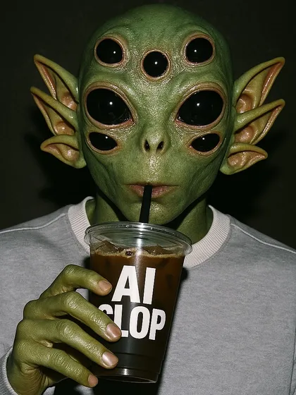A surreal portrait of a multi-eyed green alien drinking from a cup labeled 'AI SLOP'. A humorous and slightly gross critique of generic, uninspired AI-generated content.