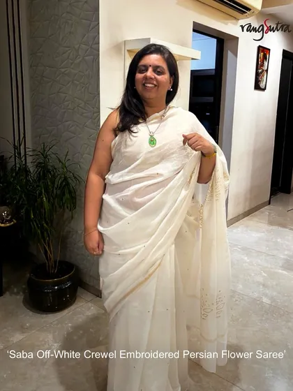 We love seeing our creations become part of your stories. Here, a customer shines in our Saba Off-White Saree, featuring delicate crewel embroidery on soft Chanderi silk. It’s a beautiful example of how our handcrafted pieces offer timeless elegance.