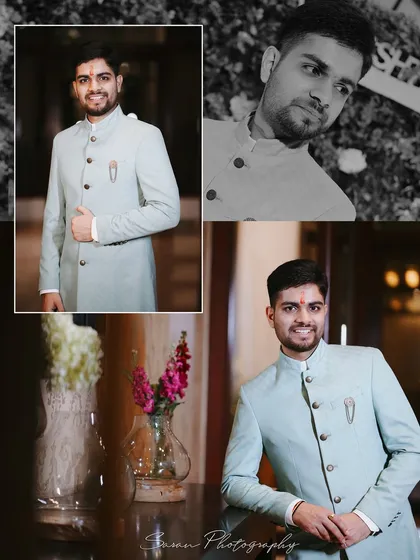 A collage of the groom's portraits from a Roka ceremony, showcasing his traditional attire from different angles.
