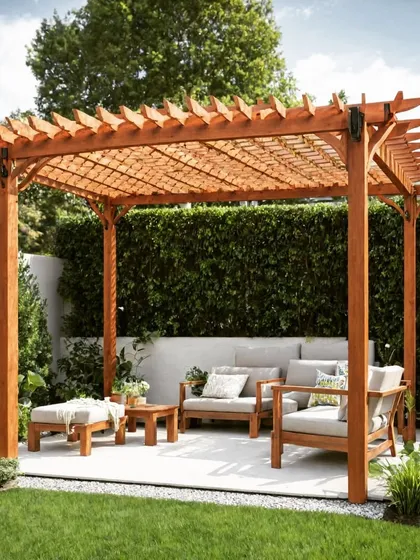 A classic wooden pergola with a lattice roof, nestled against a hedge for privacy. The setup provides a comfortable and secluded outdoor living room feel.