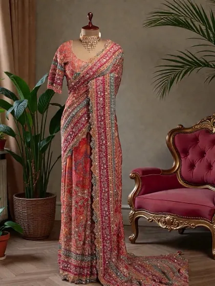 This stunning multi-coloured saree with heavy embroidery is displayed in a regal setting. It's a perfect example of a grand, statement saree for a wedding guest or family member.