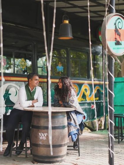 A casual and cool pre-wedding look. We chose comfortable yet stylish outfits that reflected our personalities, perfect for a relaxed cafe setting. I believe pre-wedding styling should be about capturing who you are as a couple.