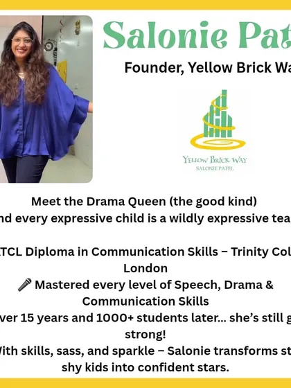 A little about me, Salonie Patel. With an ATCL Diploma from Trinity College London and over 15 years of teaching, my passion is helping every child find their stage. I believe every expressive child is guided by a wildly expressive teacher.