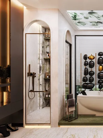 A master bathroom that feels like a personal spa, with a stunning art installation of black and gold pebbles behind the tub. The render highlights the arched shower entrance and the leafy skylight.
