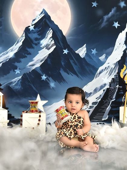 "Om Namah Shivay." A majestic Lord Shiva-inspired theme, set against the backdrop of the Himalayas with a full moon, perfect for a little Shivansh.
