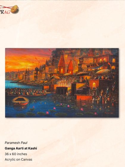 'Ganga Aarti at Kashi' by Paramesh Paul, a breathtaking painting of the evening ritual, glowing with the warm light of the lamps.