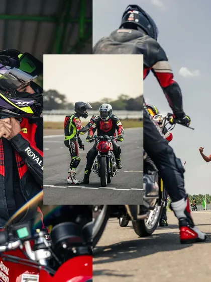A collage showing our chief instructor tutoring a crew of riding enthusiasts, highlighting the learning and mentorship aspect of our track school.