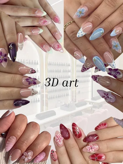 A collage showcasing the variety of our 3D nail art. From vibrant purple and pink flowers to more subtle pastel blue accents, we can create any three-dimensional design you can dream of.
