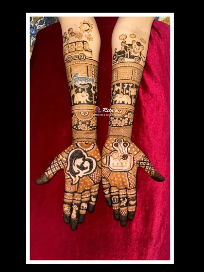 A complete baby shower mehendi design, celebrating the journey to motherhood. This full-arm design includes a mother-and-child portrait, a baby in a cradle, and cute elements like a toy train and a school bus, telling a beautiful story for the mom-to-be.