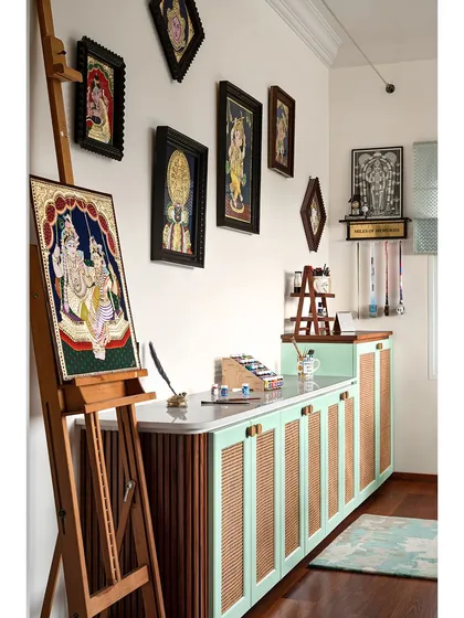 For a client who is a passionate artist, we designed this dedicated paint studio. The space combines ample storage, durable quartz work surfaces, and beautiful natural light to create a calm, inspiring, and functional creative haven.