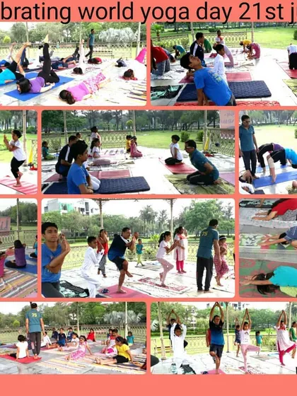 A collage celebrating World Yoga Day, filled with moments from a lively park session with many children and adults participating together.