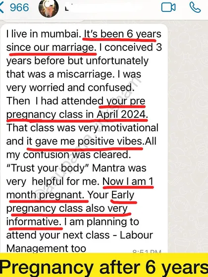 After a miscarriage and 6 years of marriage, this woman was worried and confused. My pre-pregnancy class gave her positive vibes and cleared her confusion, and now she is one month pregnant.