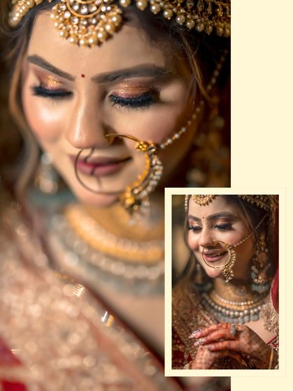 A collage of the bride, Gurbani, showing close-ups of her stunning makeup and jewelry, capturing the intricate details of her bridal look.