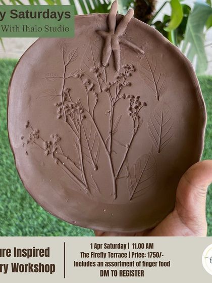 A beautiful, nature-inspired terracotta plate made in one of our pottery workshops. You can learn to make your own trinket dish, incense holder, or platter using simple hand-building techniques.